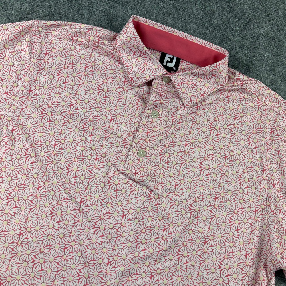 FootJoy Polo Shirt Mens Medium Pink Daisy Floral Short Sleeve Indian Canyon Golf